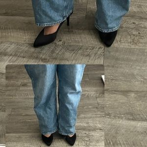 Stuart Weitzman black satin pointy heels